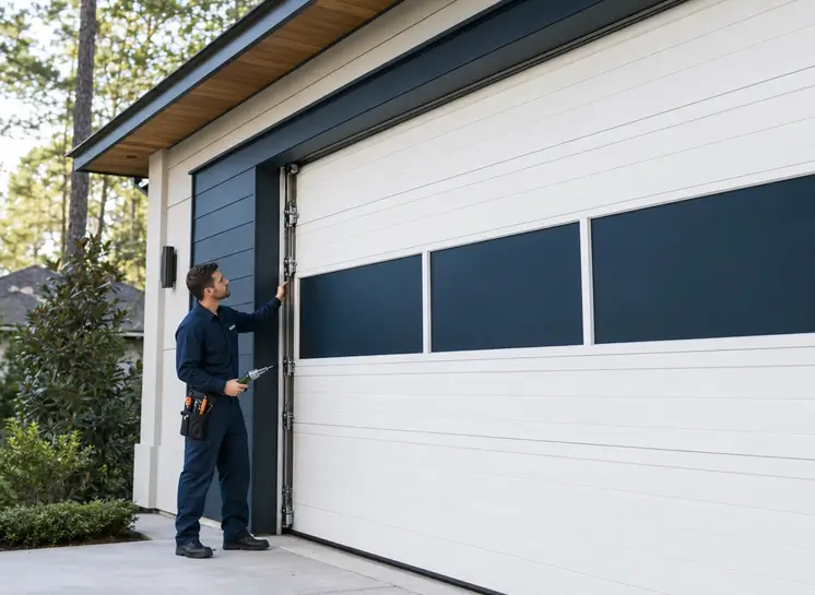 Garage door service technician working on a residential garage door