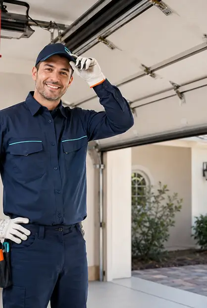 Professional garage door technician inspecting a residential garage door
